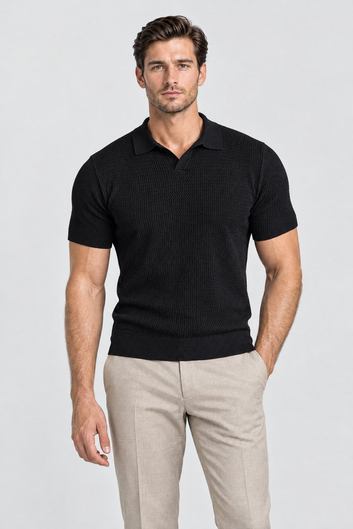 The Mayfair Knitted Polo in Black worn by model