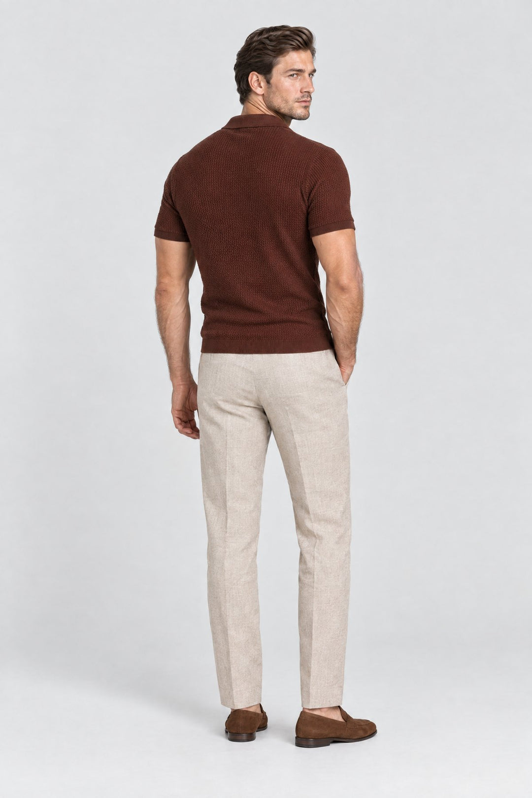 The Mayfair Knitted Polo in Chocolate, back view
