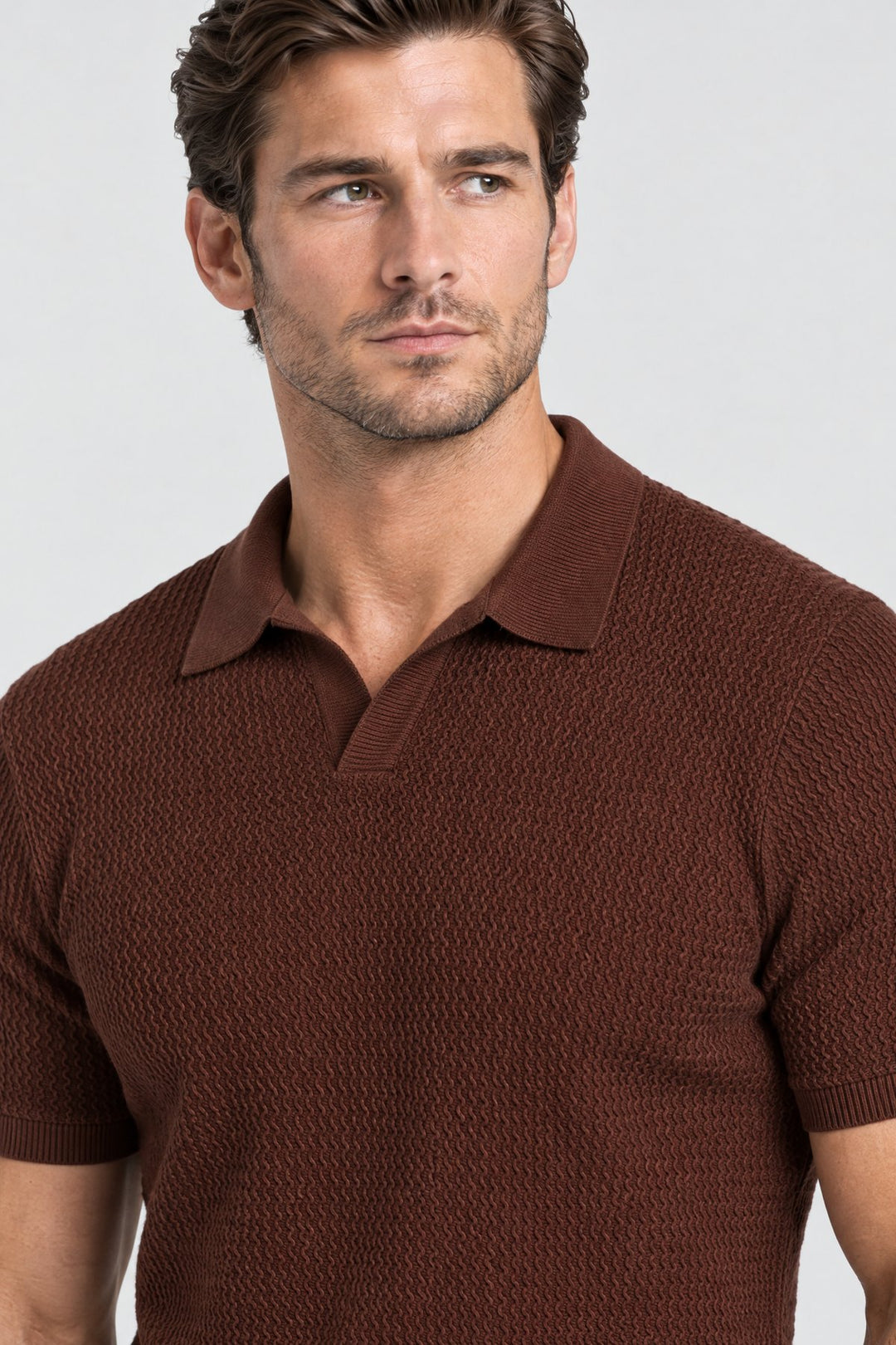 The Mayfair Knitted Polo in Chocolate, detail