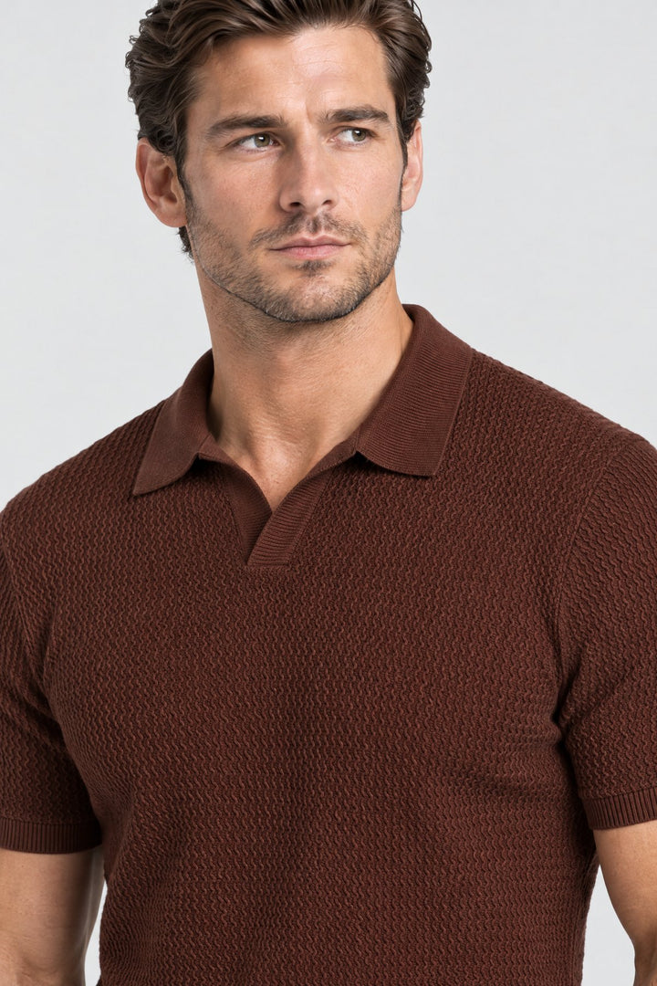 The Mayfair Knitted Polo in Chocolate, detail