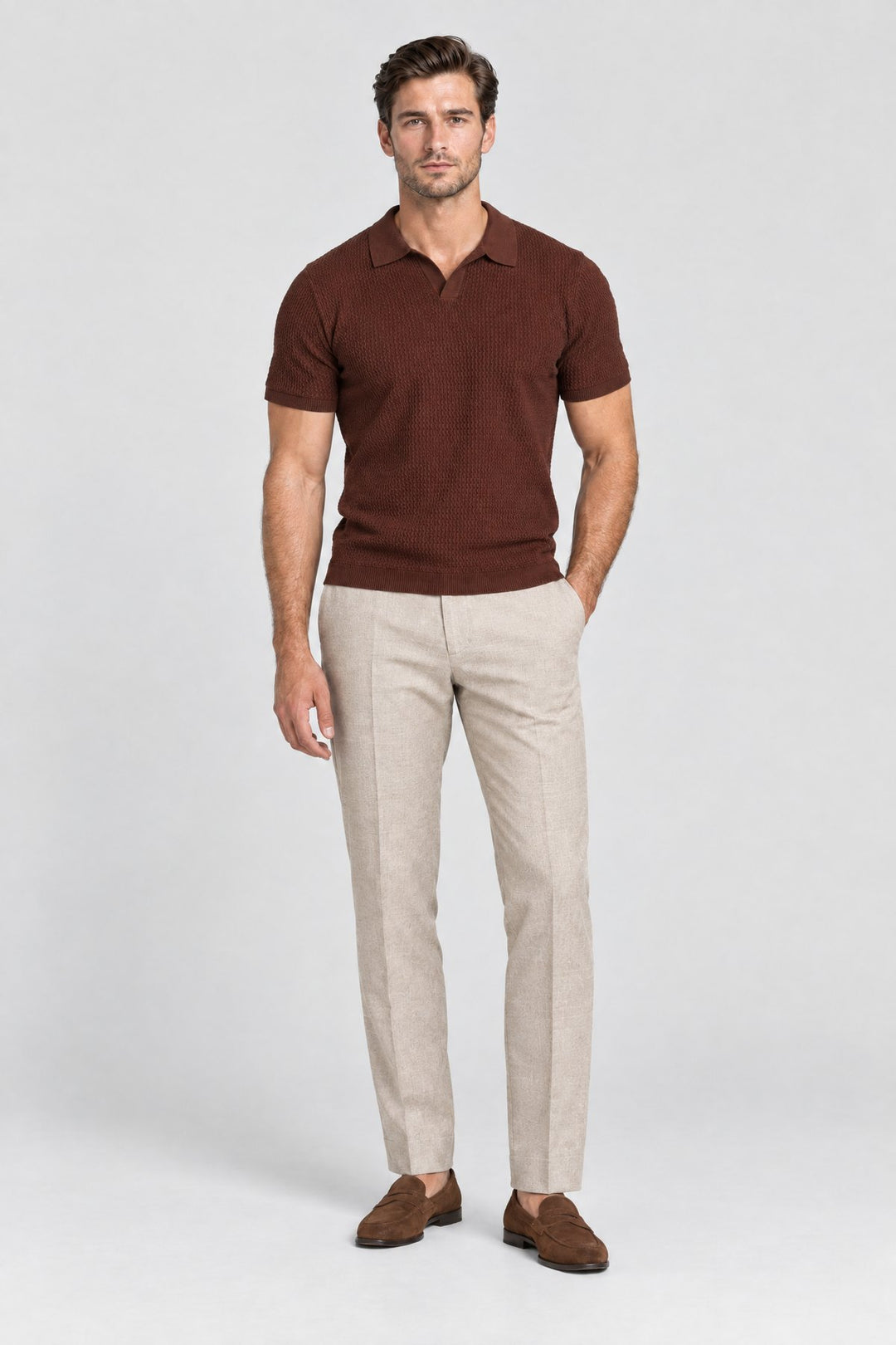 The Mayfair Knitted Polo in Chocolate, full length