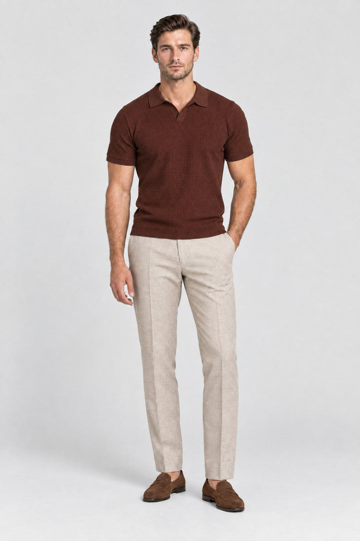 The Mayfair Knitted Polo in Chocolate, full length
