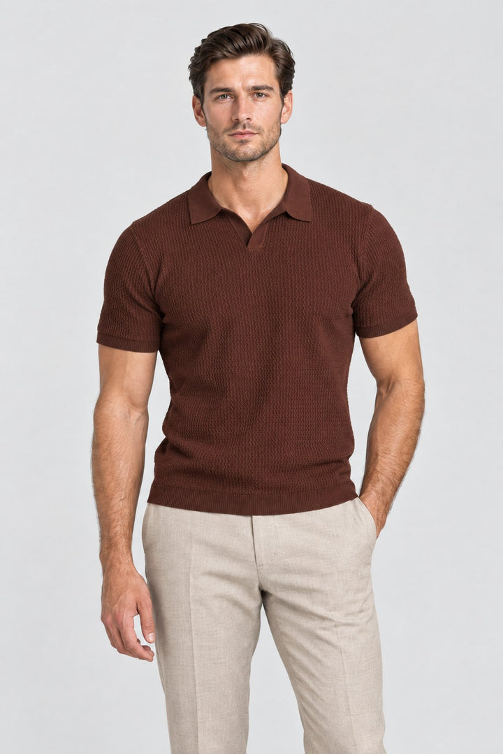 The Mayfair Knitted Polo in Chocolate worn by model