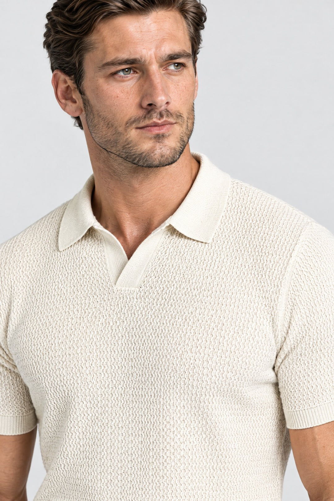 The Mayfair Knitted Polo in Ecru, detail