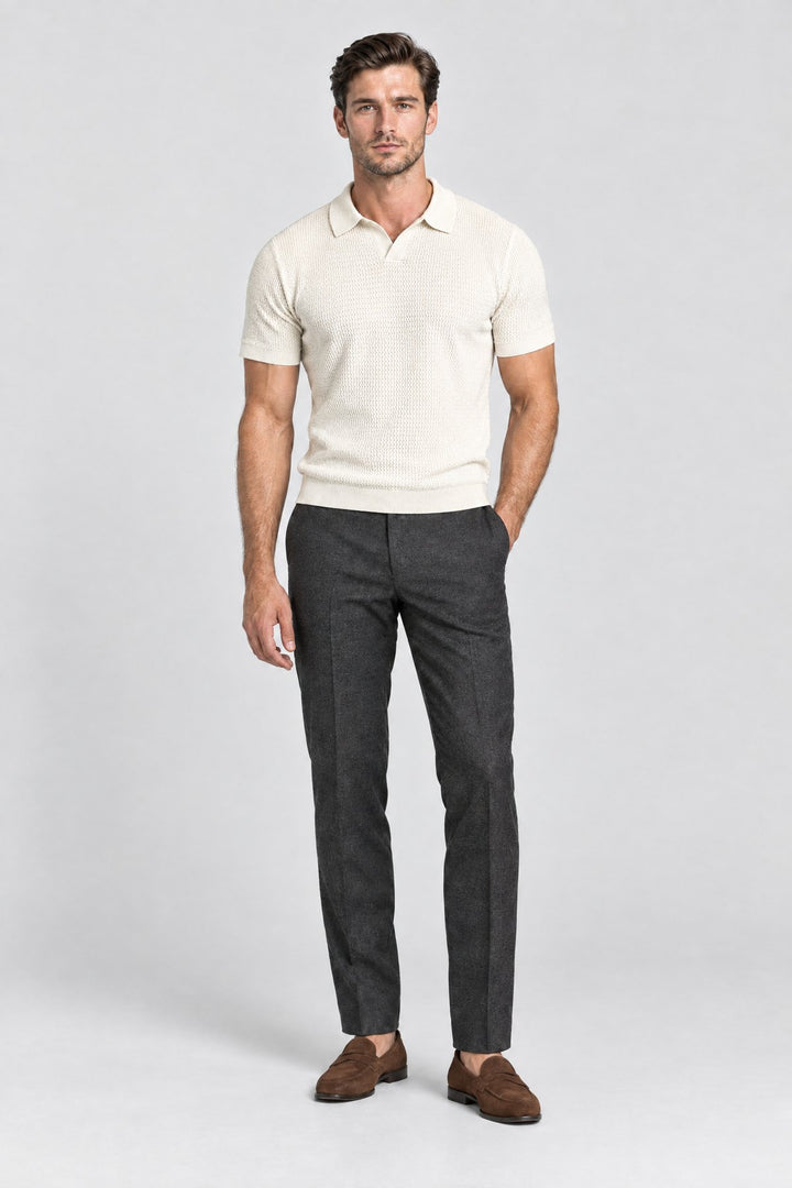 The Mayfair Knitted Polo in Ecru, full length