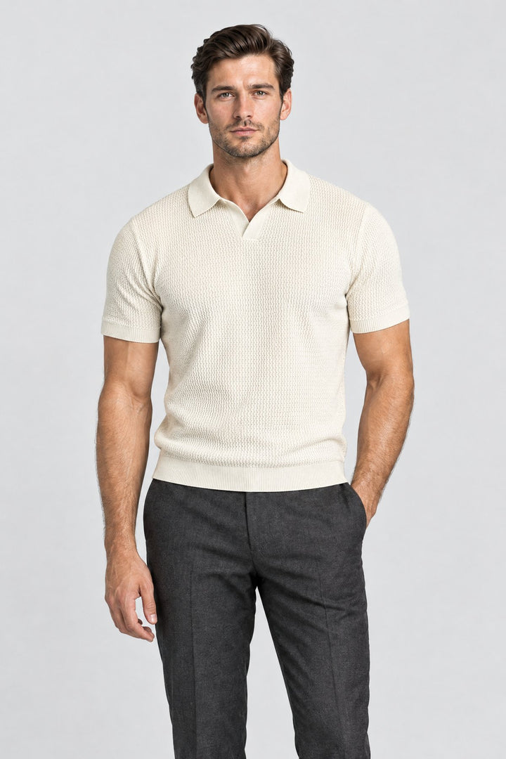 The Mayfair Knitted Polo in Ecru worn by model