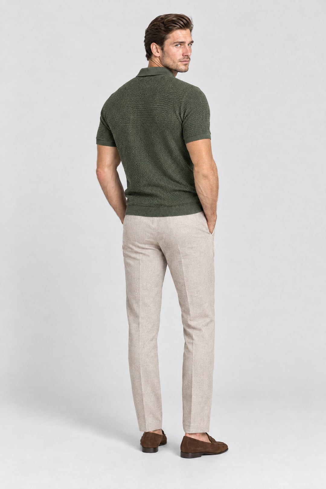 The Mayfair Knitted Polo in Olive, back view