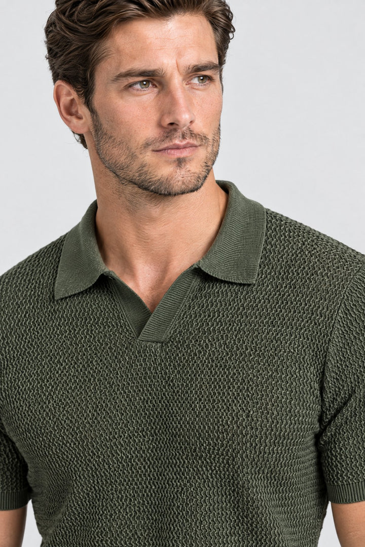 The Mayfair Knitted Polo in Olive, detail