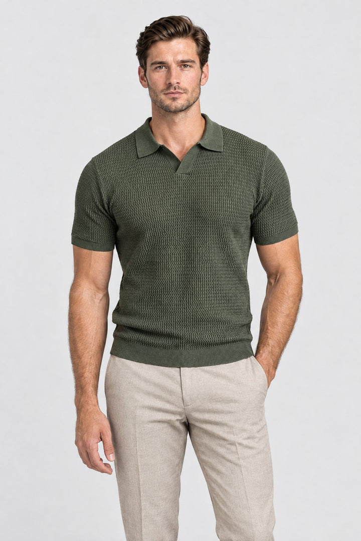 The Mayfair Knitted Polo in Olive worn by model