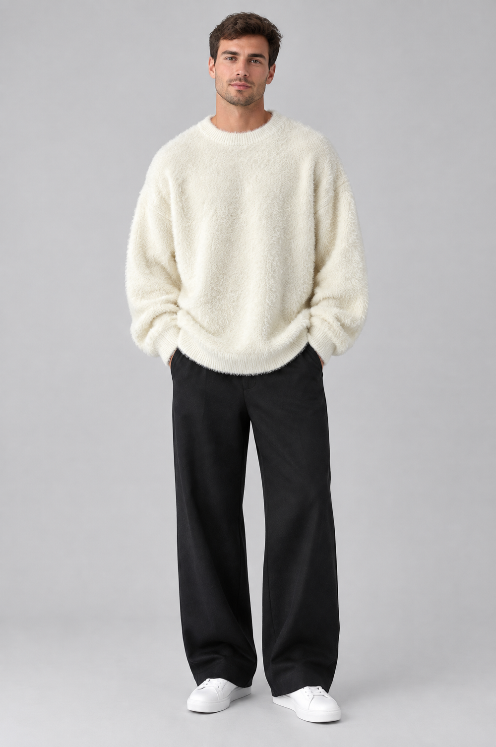 Men's Brushed Knit Crew Neck Jumper in Cream – The Mortimer by WARDLEY