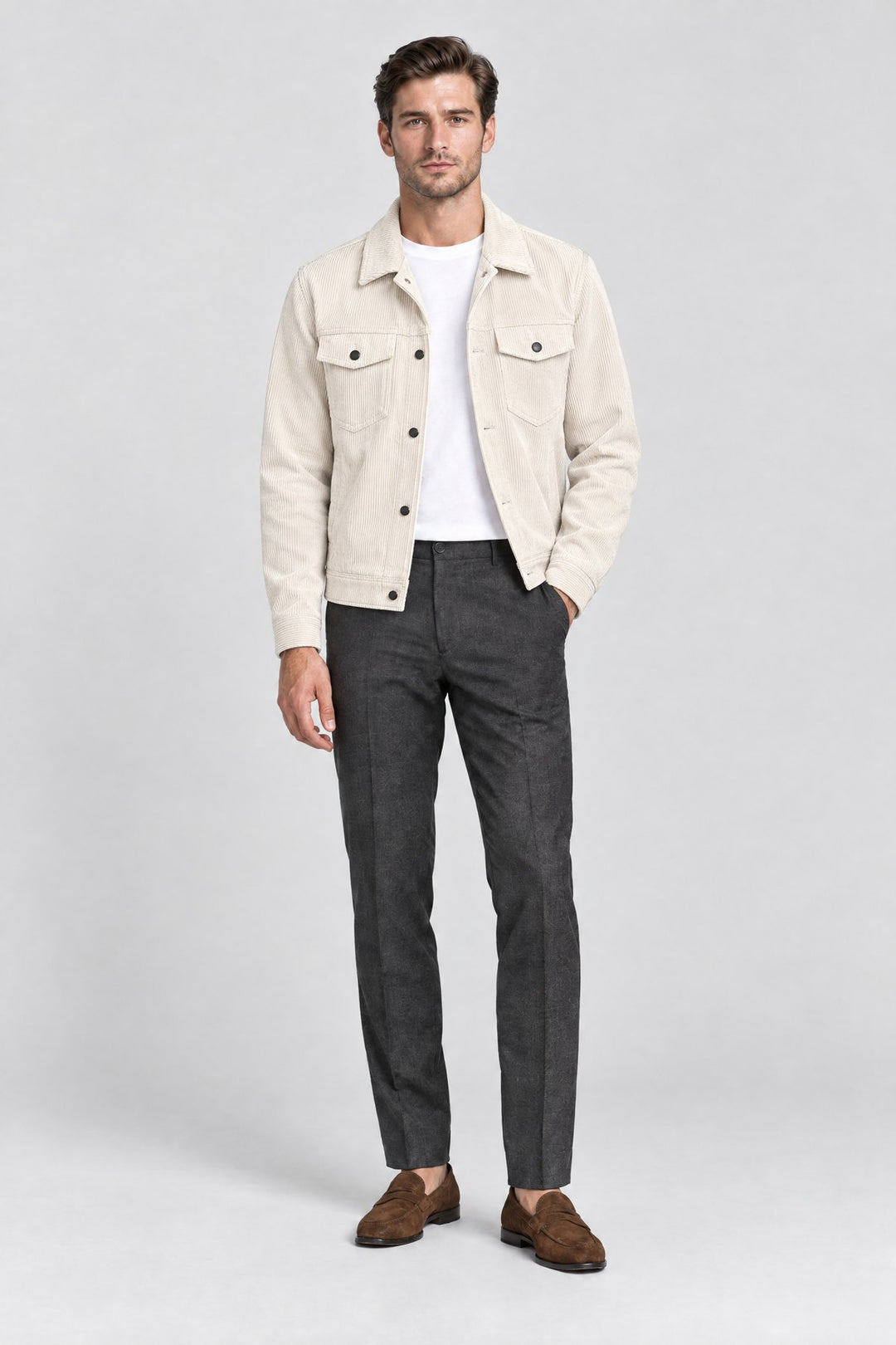 The Notting Hill Cord Jacket in Ecru, on model