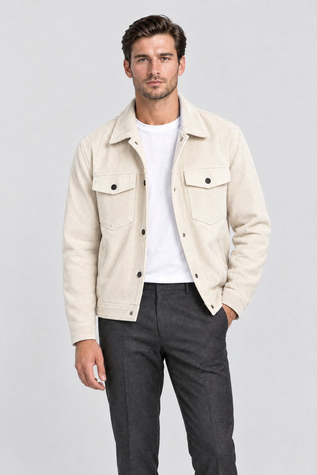 The Notting Hill Cord Jacket in Ecru, on model