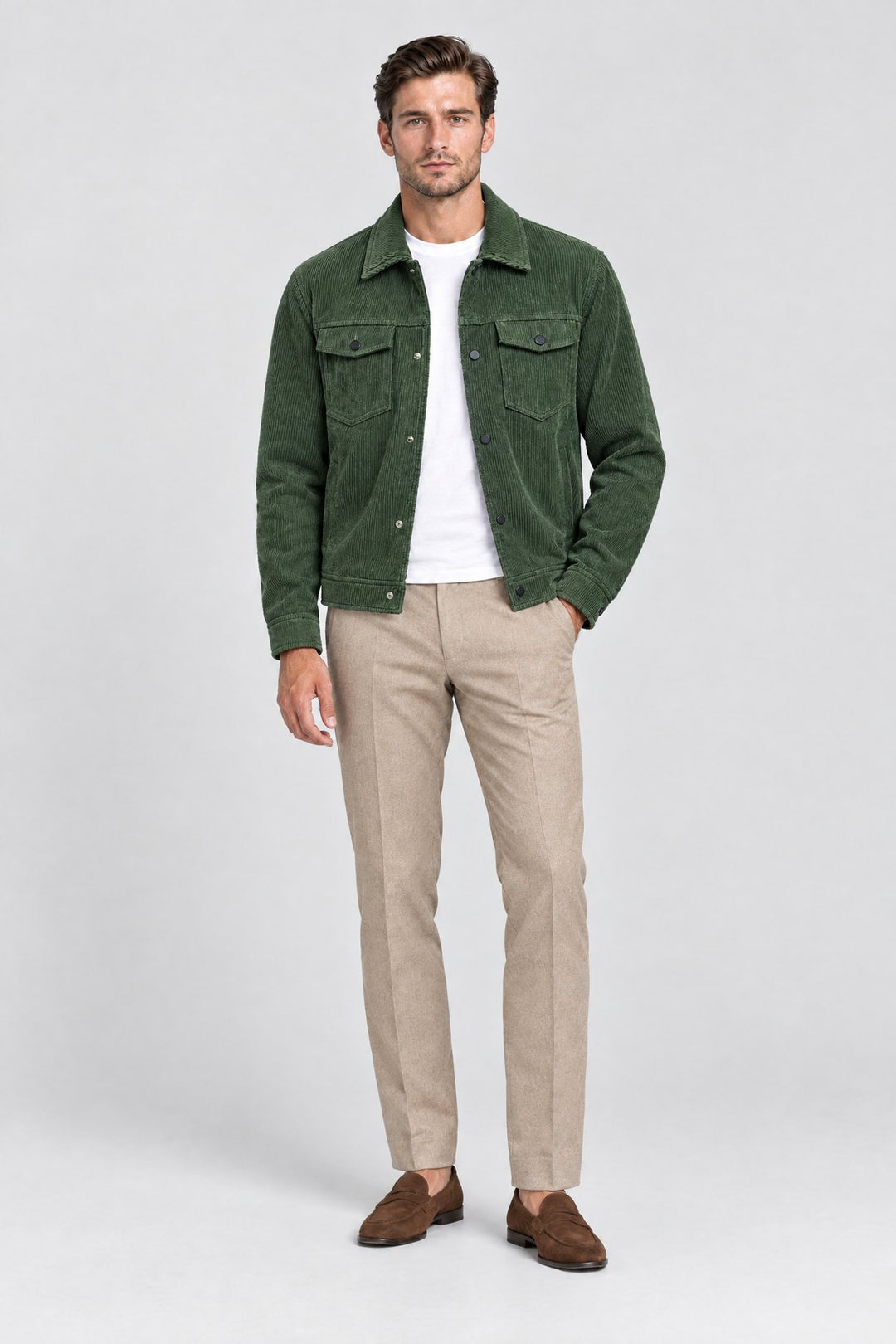 The Notting Hill Cord Jacket in Forest, full length