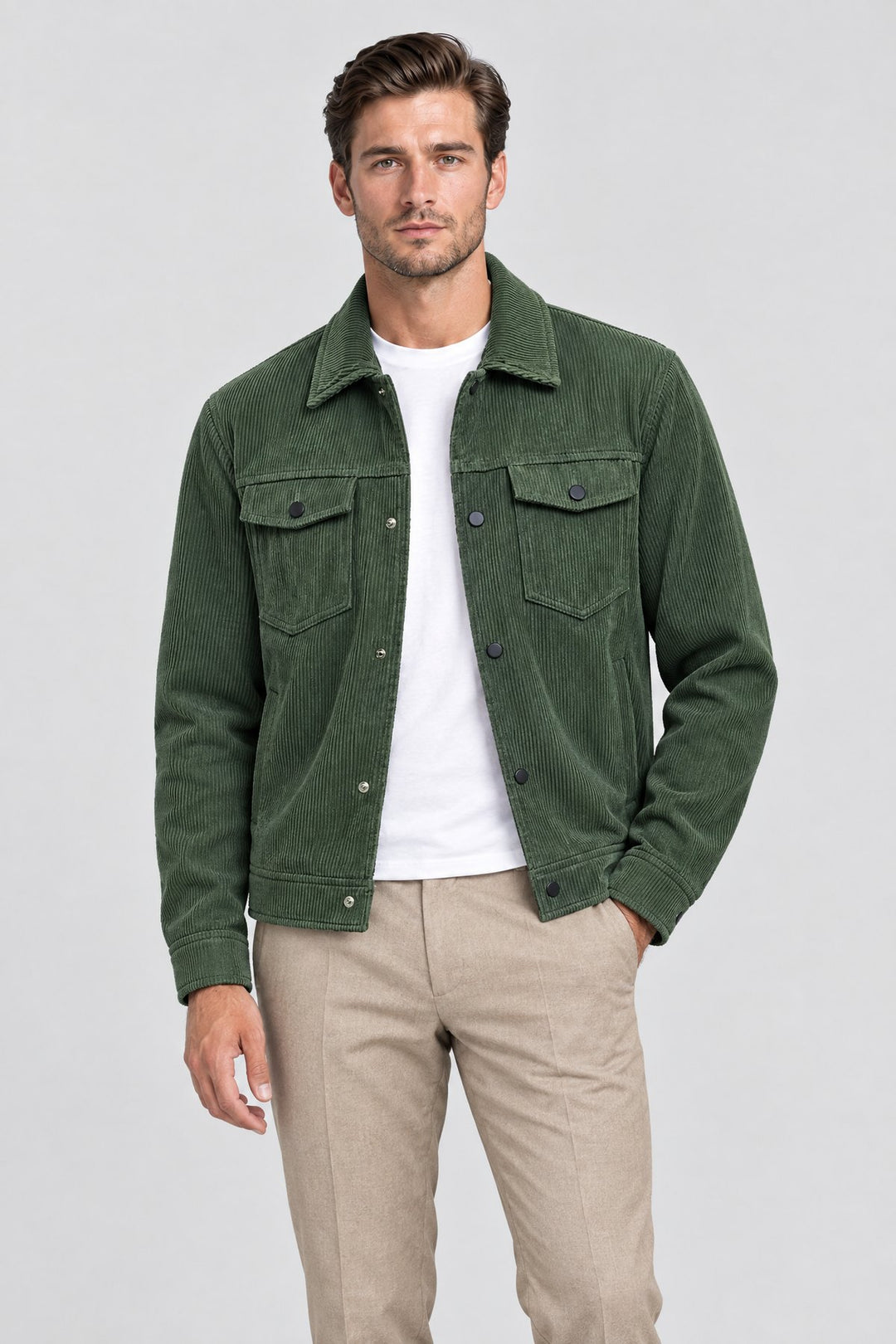 The Notting Hill Cord Jacket in Forest, on model