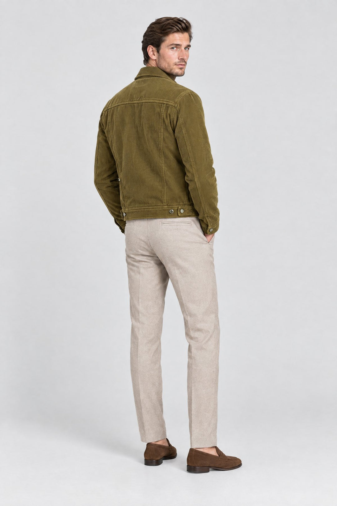 The Notting Hill Cord Jacket in Olive, back view