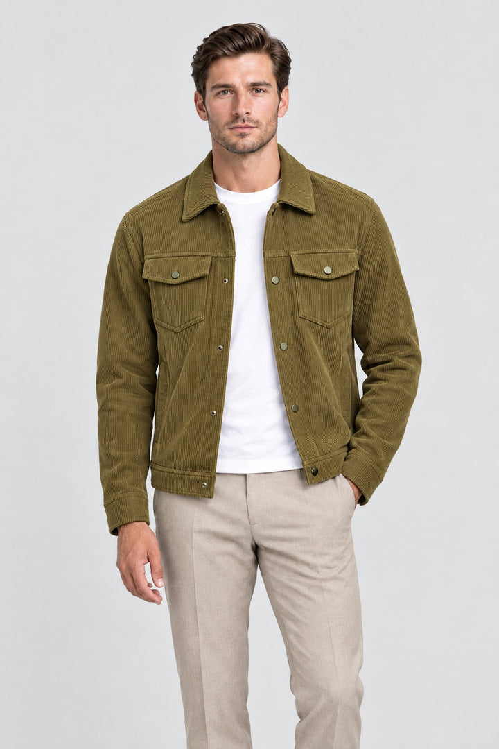 The Notting Hill Cord Jacket in Olive, on model