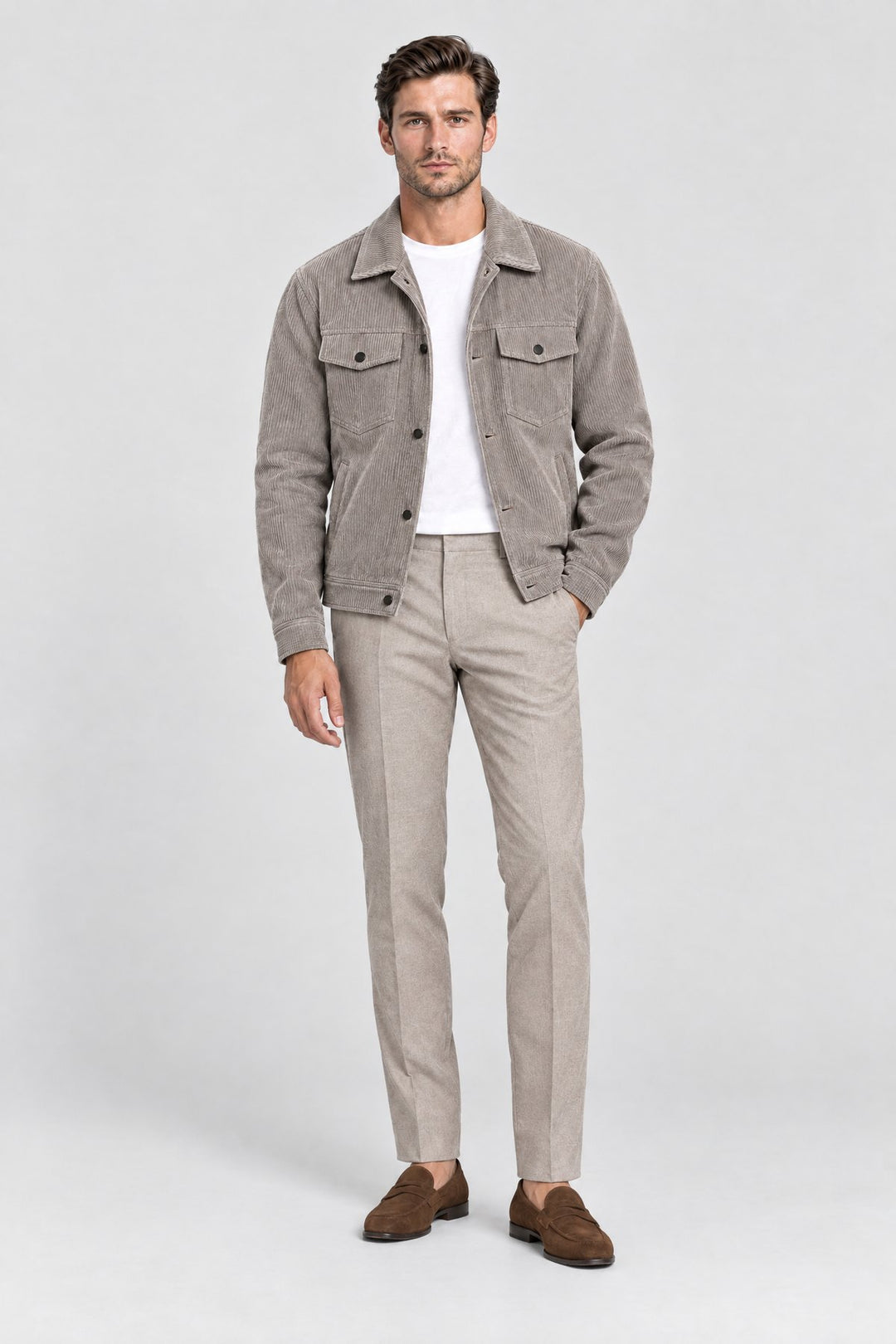 The Notting Hill Cord Jacket in Taupe, full length
