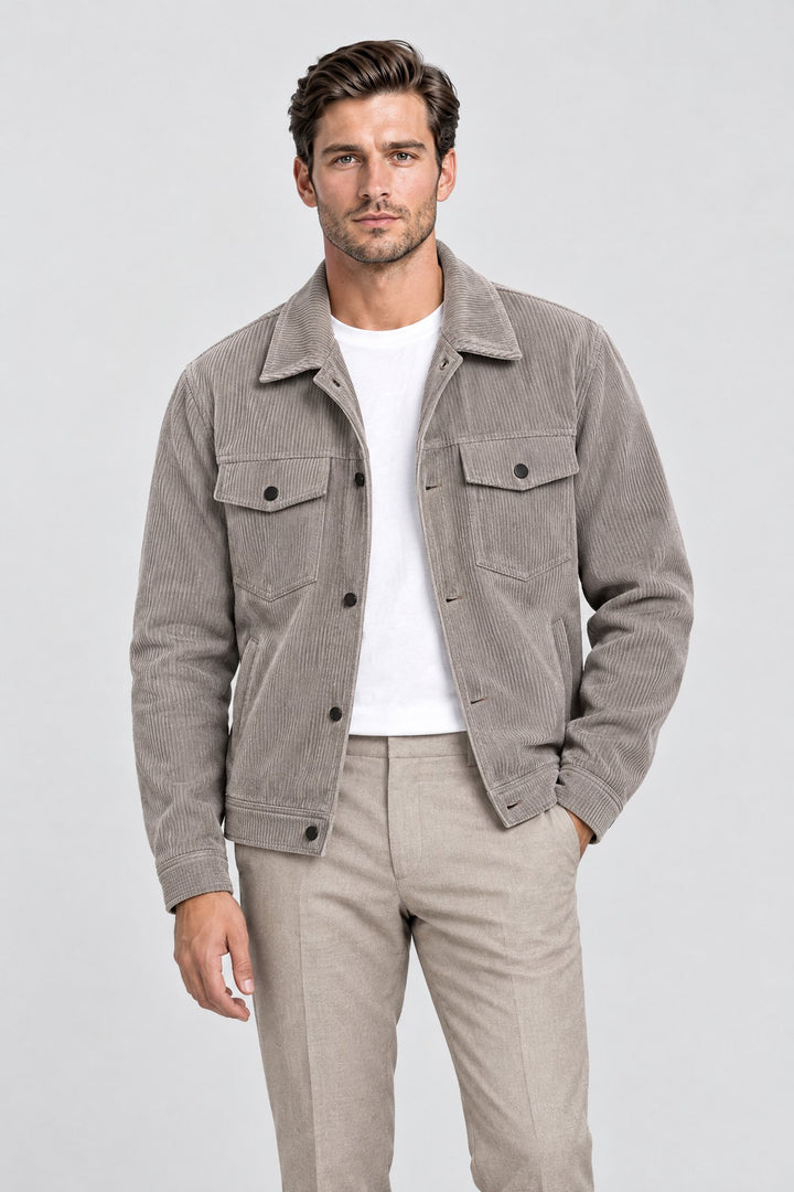 The Notting Hill Cord Jacket in Taupe, on model