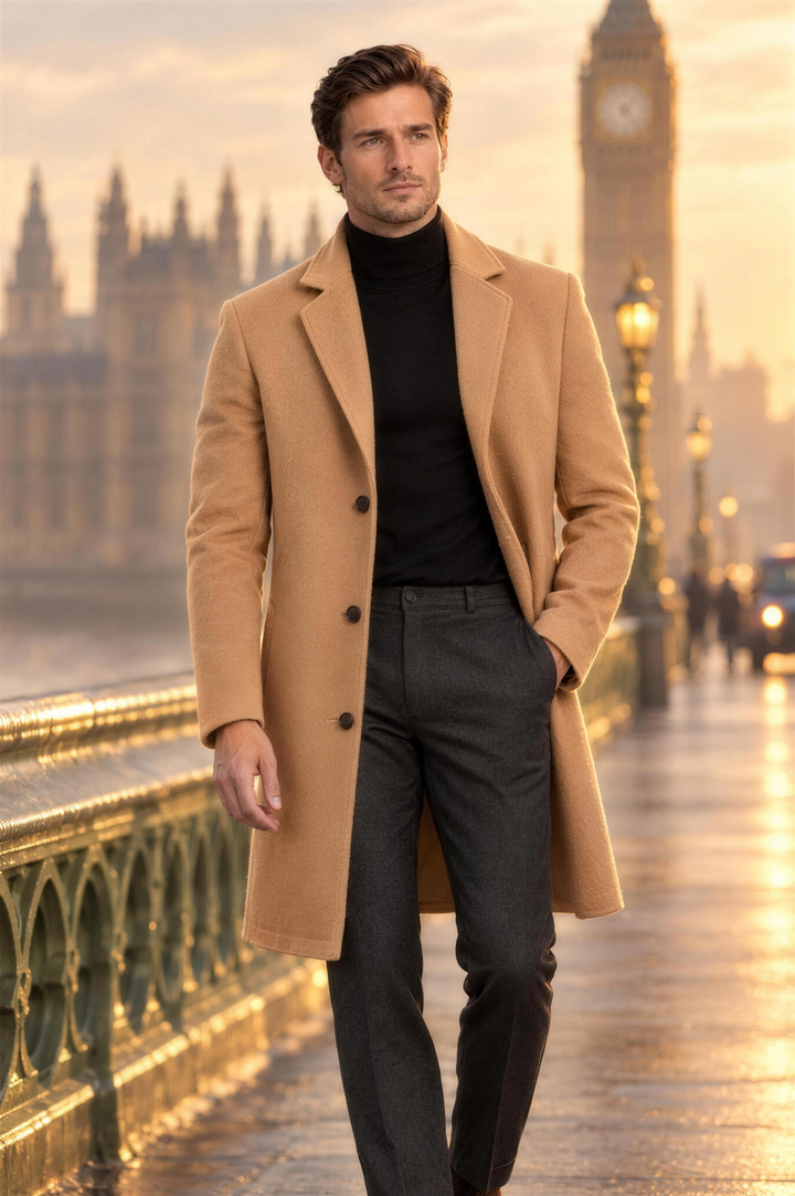 Camel longline overcoat outfit on Westminster Bridge, London