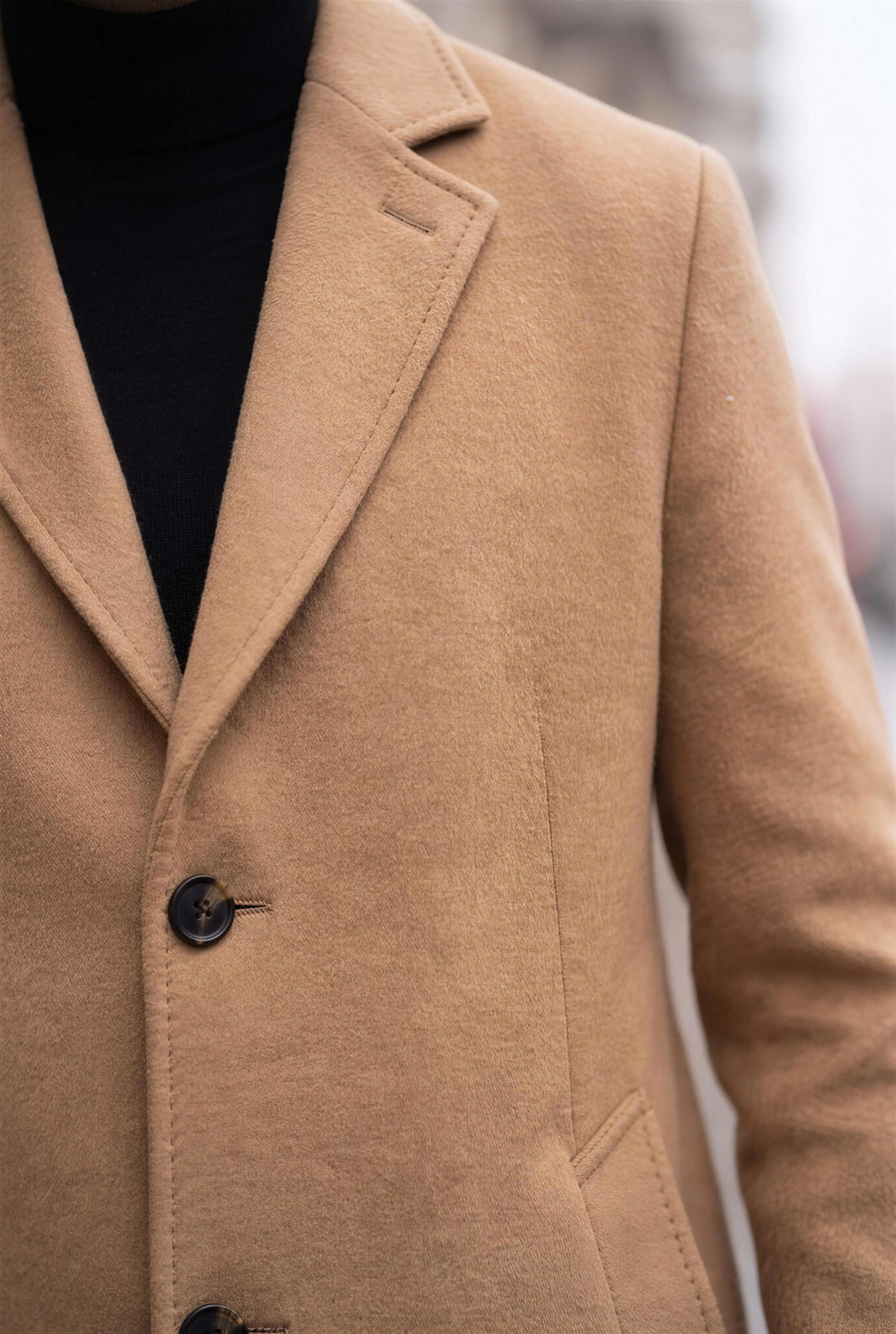 The Hampstead Overcoat in camel, close-up detail