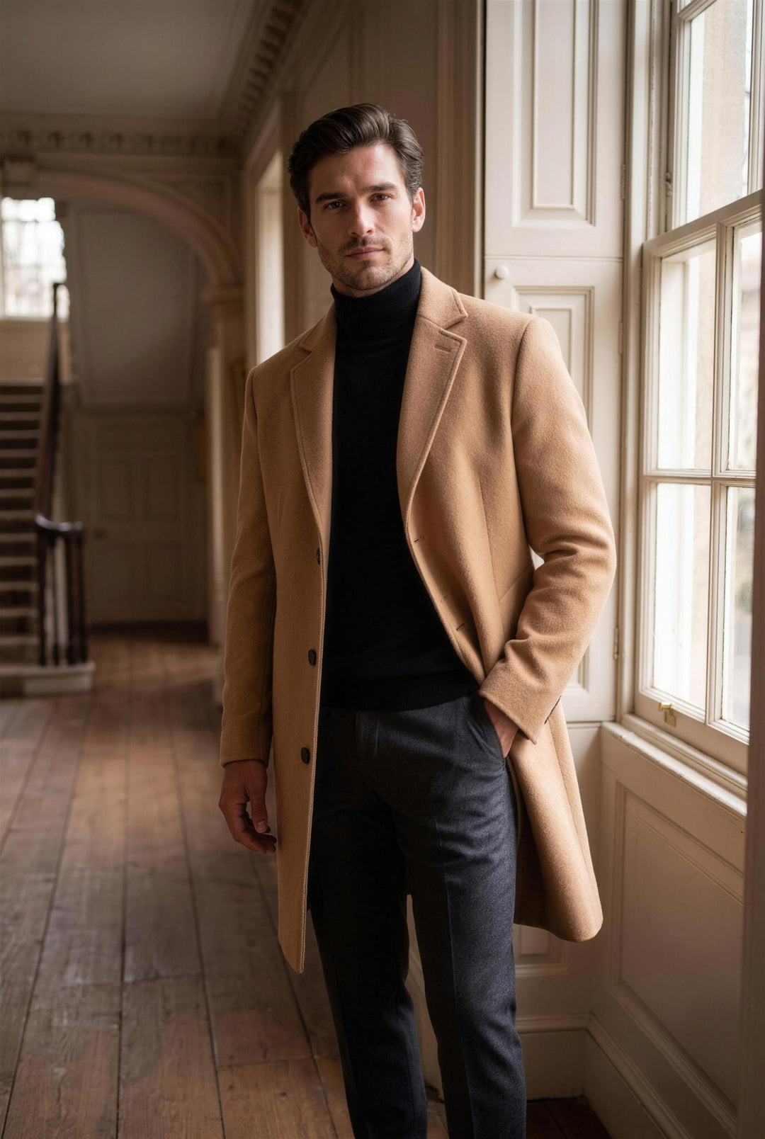 The Hampstead Overcoat in camel, styled indoors in London