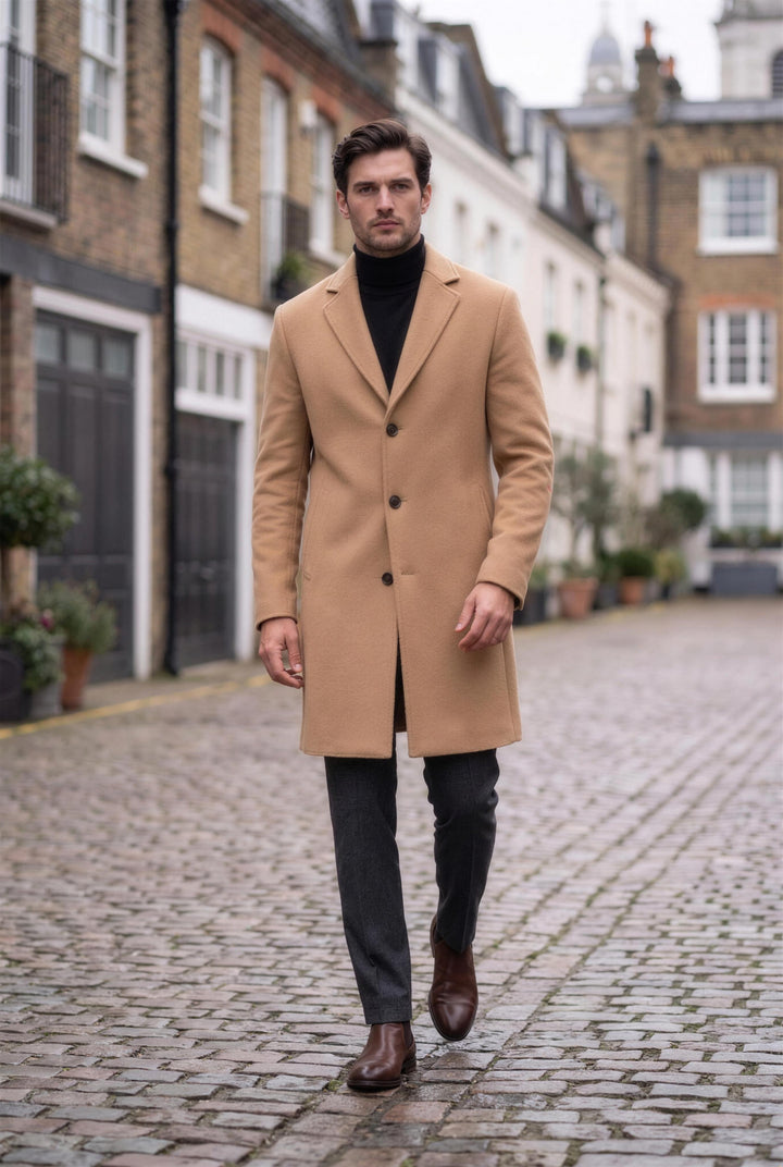 The Hampstead Overcoat in camel, styled outdoors in London