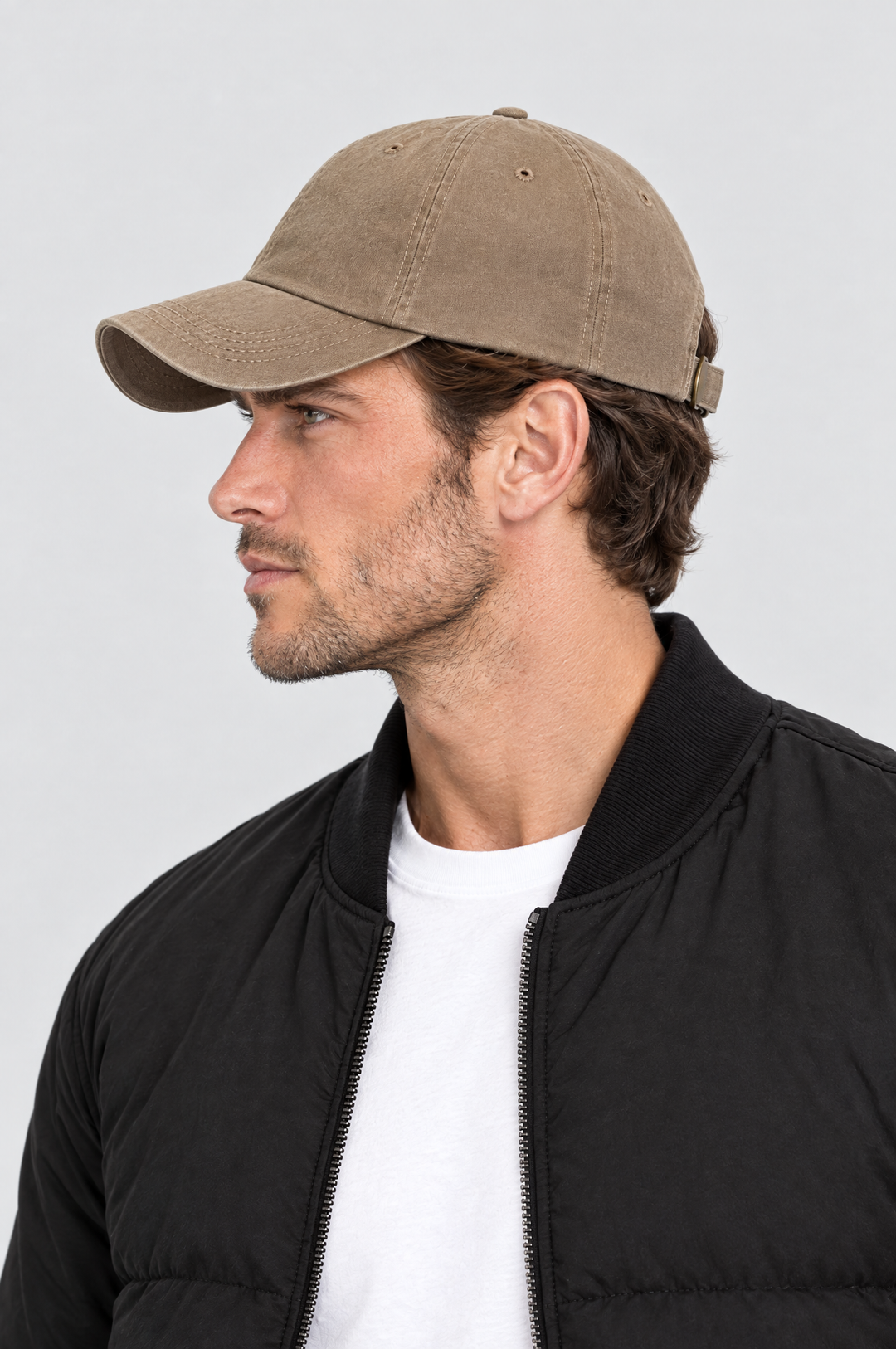 The Piccadilly Washed Cap in Sand, side view