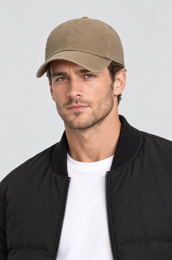 The Piccadilly Washed Cap in Sand, on model, front