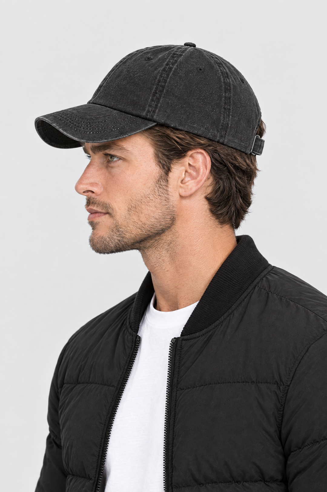 The Piccadilly Washed Cap in Washed Black, side view