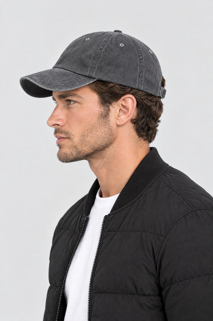 The Piccadilly Washed Cap in Washed Grey, side view