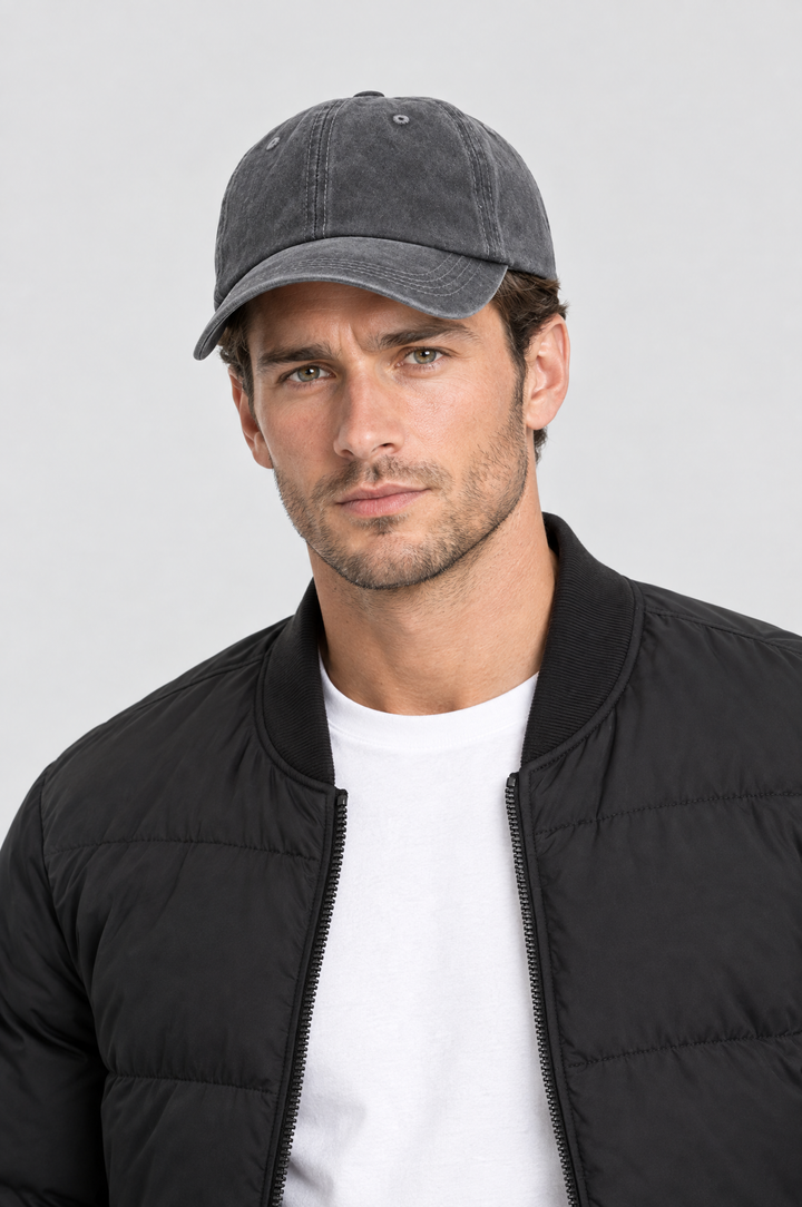 The Piccadilly Washed Cap in Washed Grey, on model, front