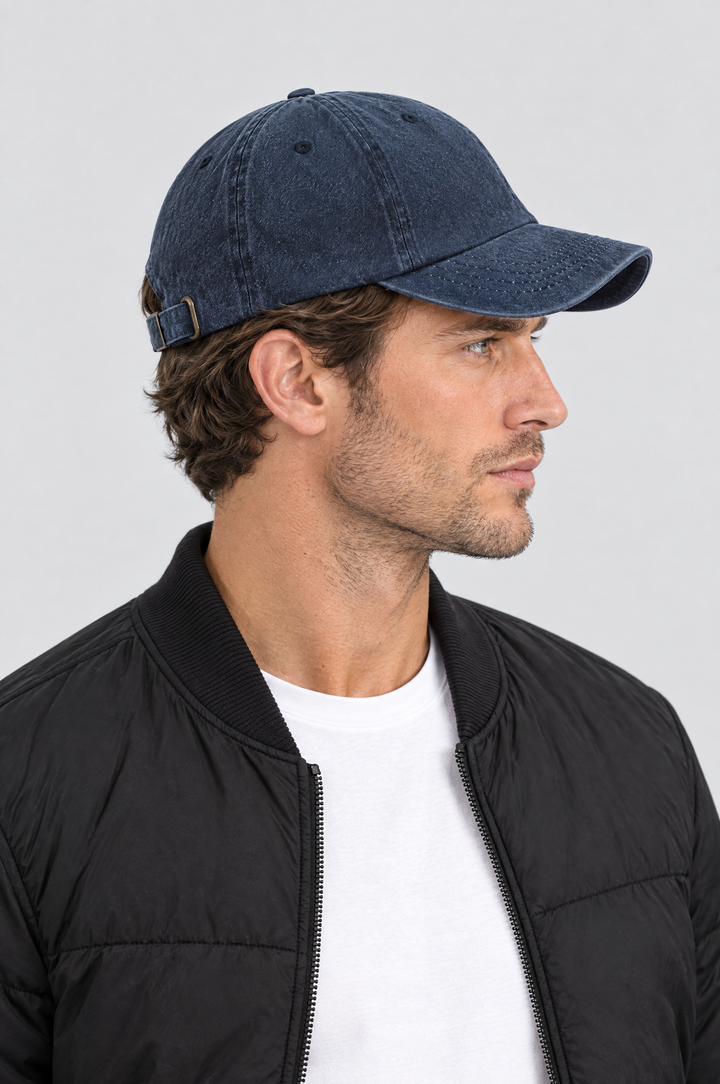 The Piccadilly Washed Cap in Washed Navy, side view