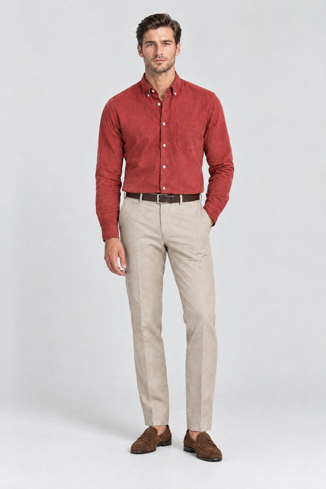 The Pimlico Brushed Shirt in Brick, full length