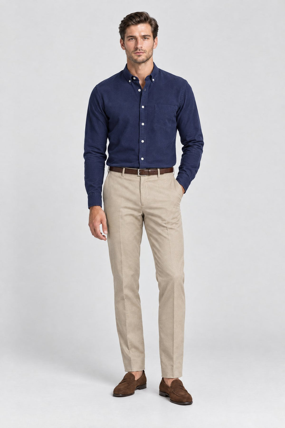 The Pimlico Brushed Shirt in Navy, on model