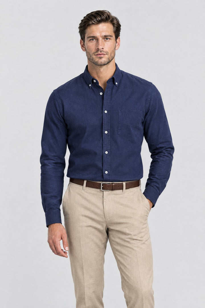 The Pimlico Brushed Shirt in Navy, on model