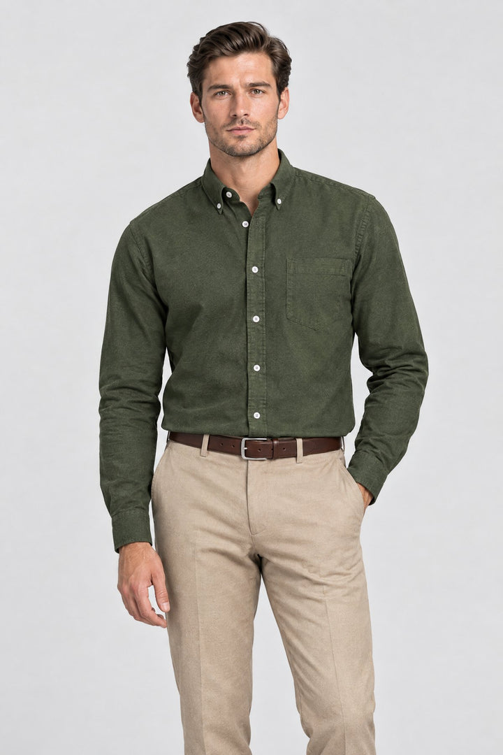 The Pimlico Brushed Shirt in Olive, on model