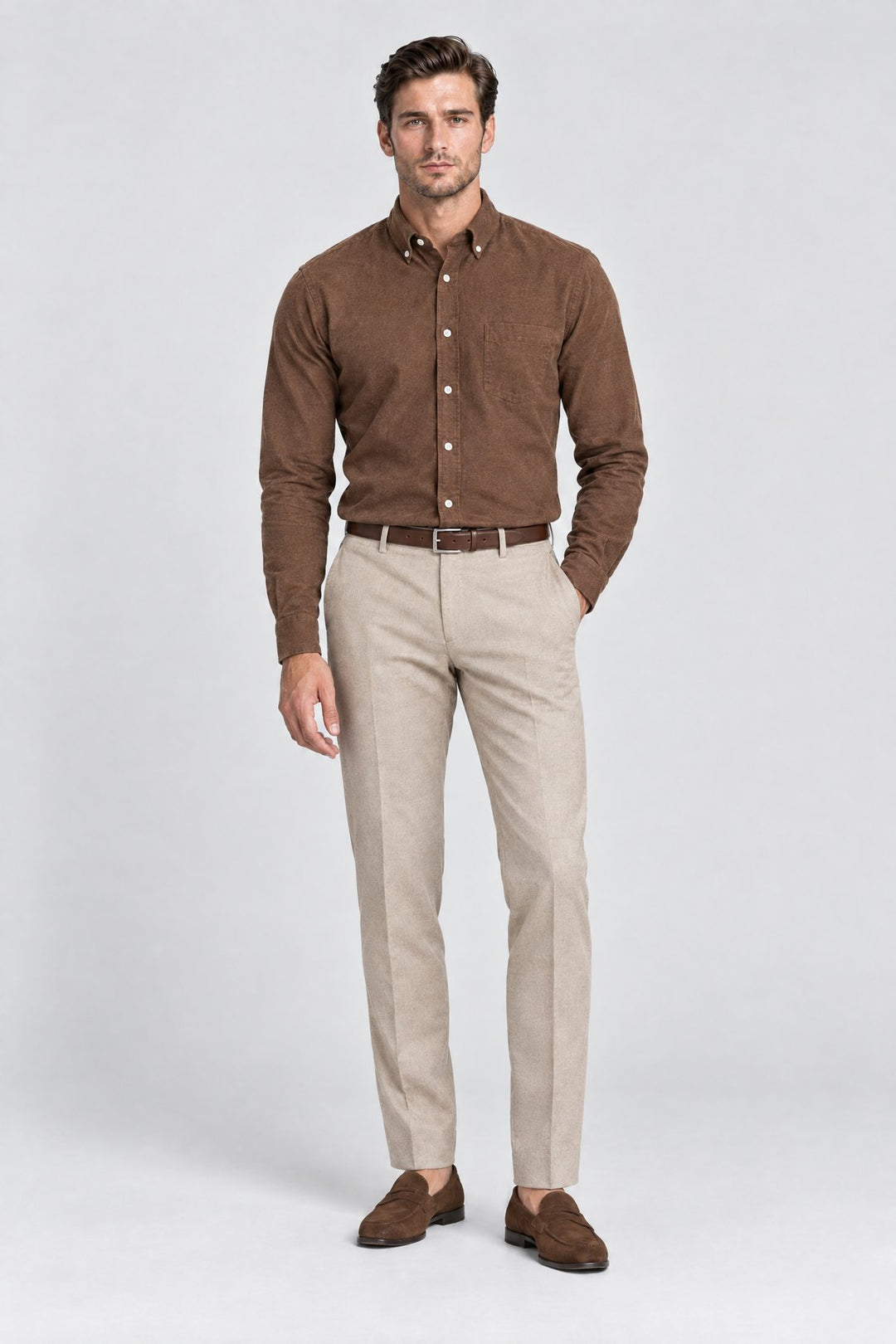 The Pimlico Brushed Shirt in Tobacco, full length