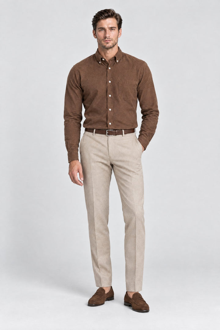The Pimlico Brushed Shirt in Tobacco, full length