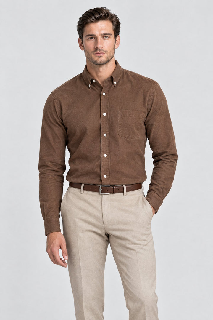 The Pimlico Brushed Shirt in Tobacco, on model