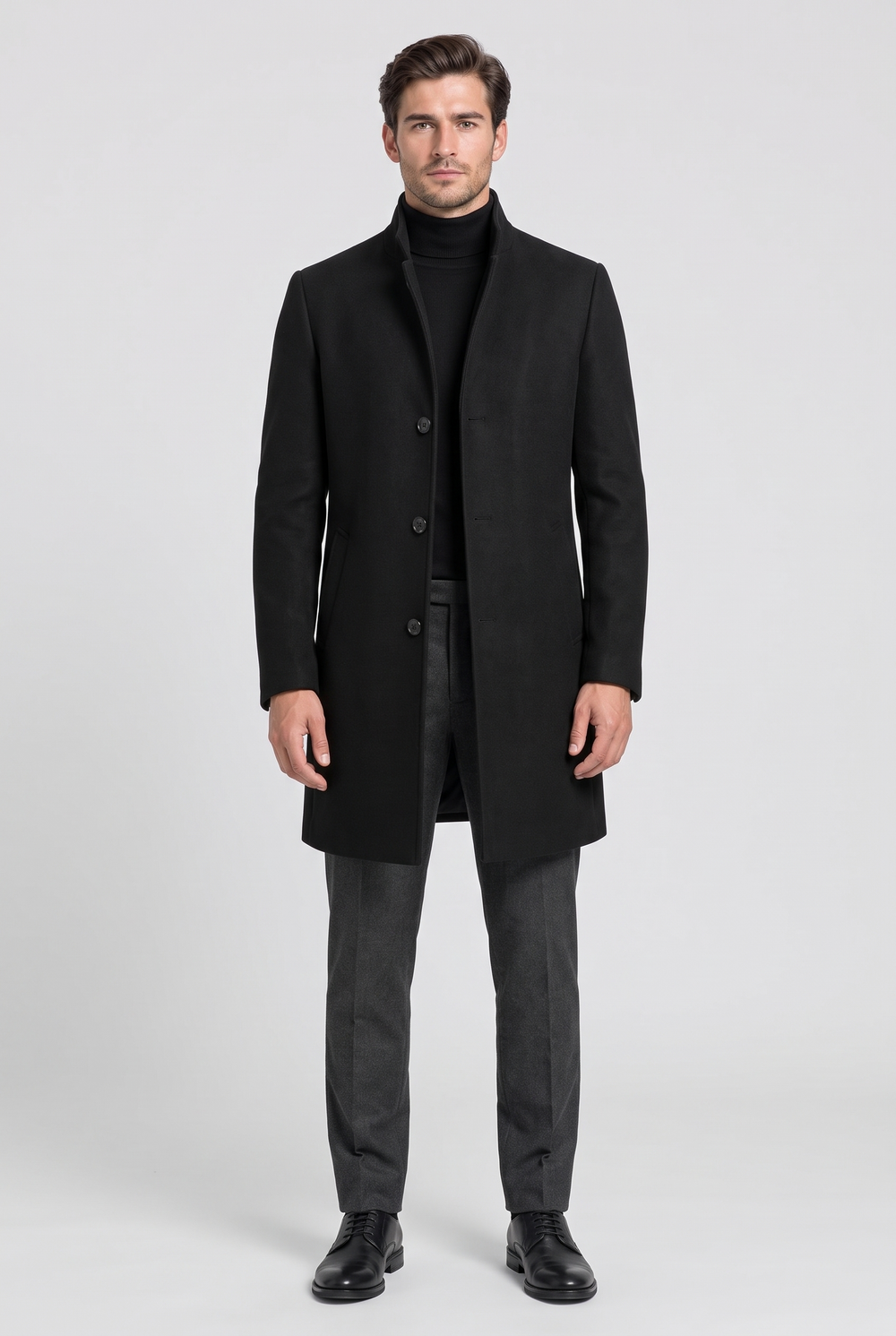 Men's Stand Collar Wool-Blend Coat in Black – The Pimlico by WARDLEY