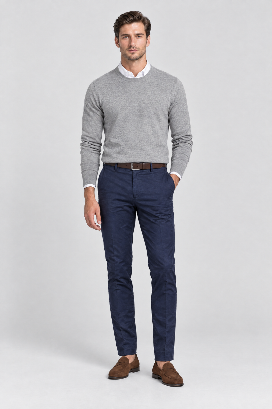 The Putney Slim Chino in Navy, on model, full length