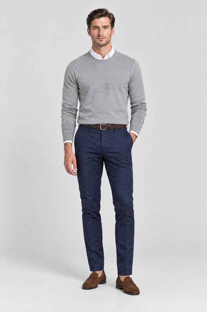 The Putney Slim Chino in Navy, on model, full length