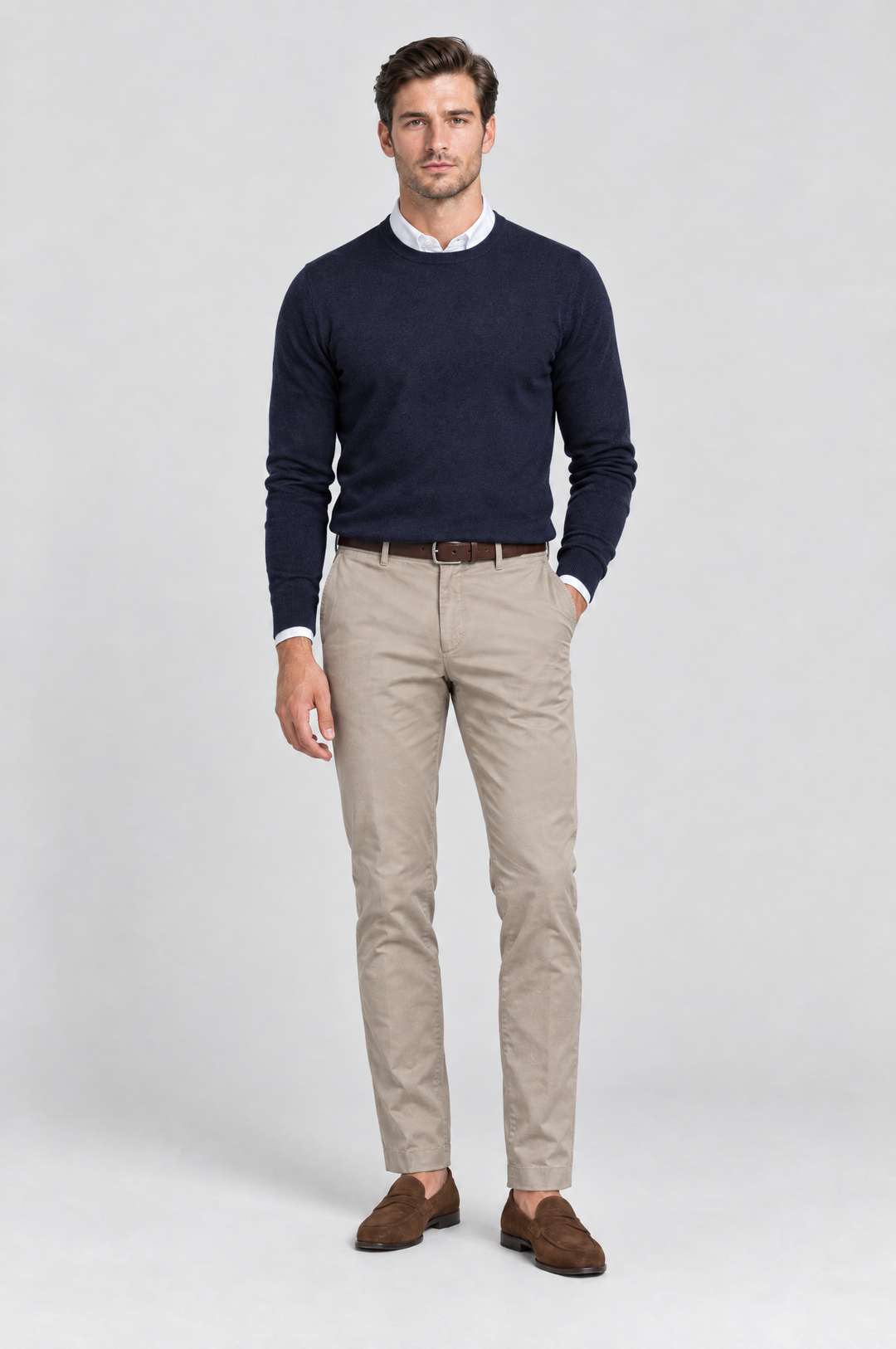 The Putney Slim Chino in Stone, on model, full length