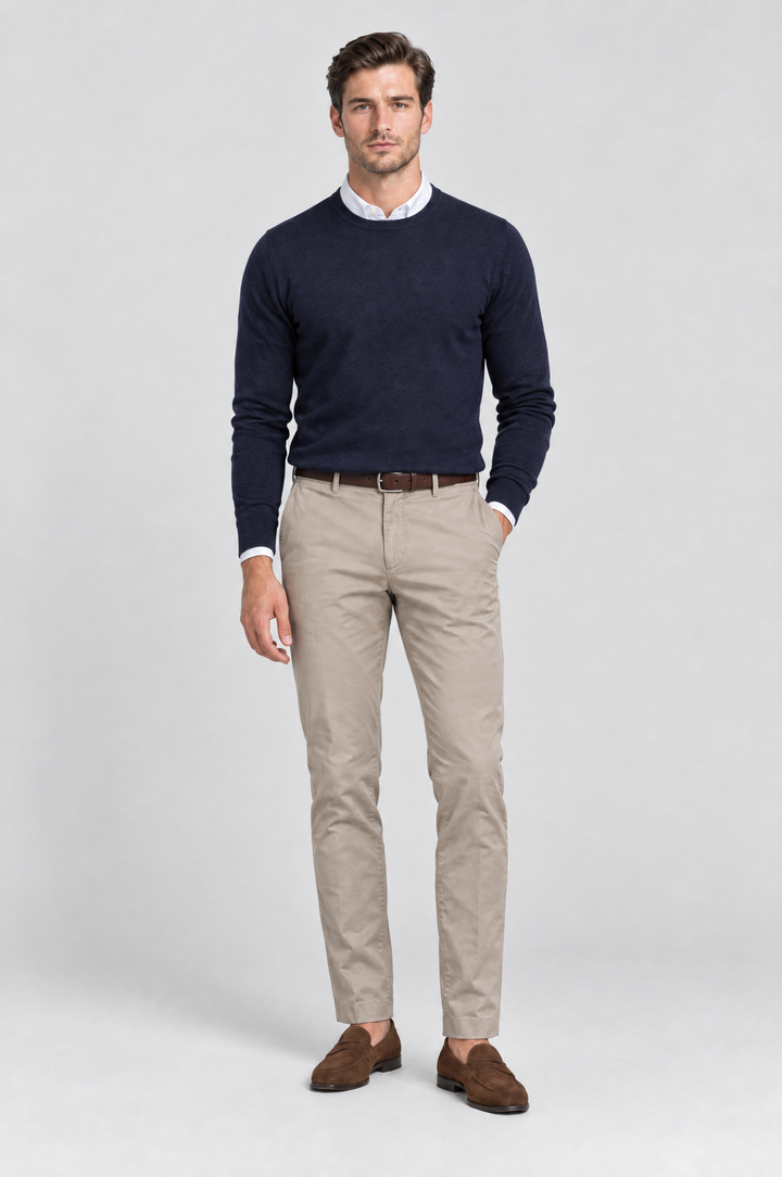 The Putney Slim Chino in Stone, on model, full length