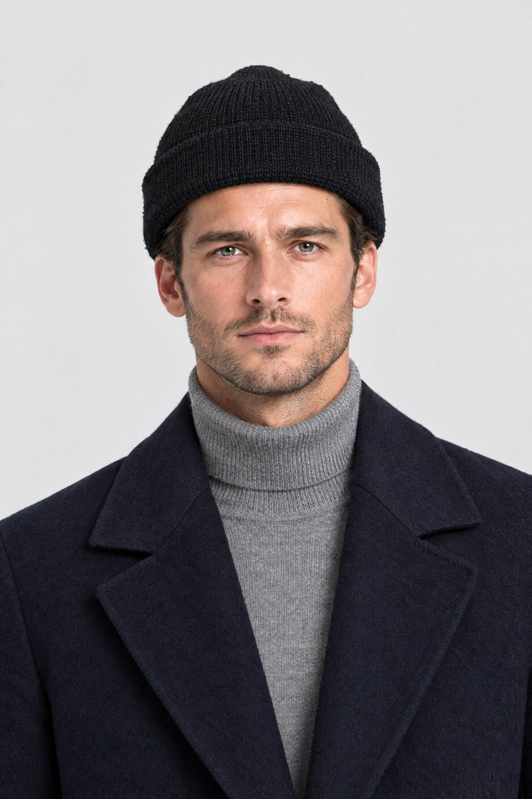 The Ribbed Beanie in Black, on model