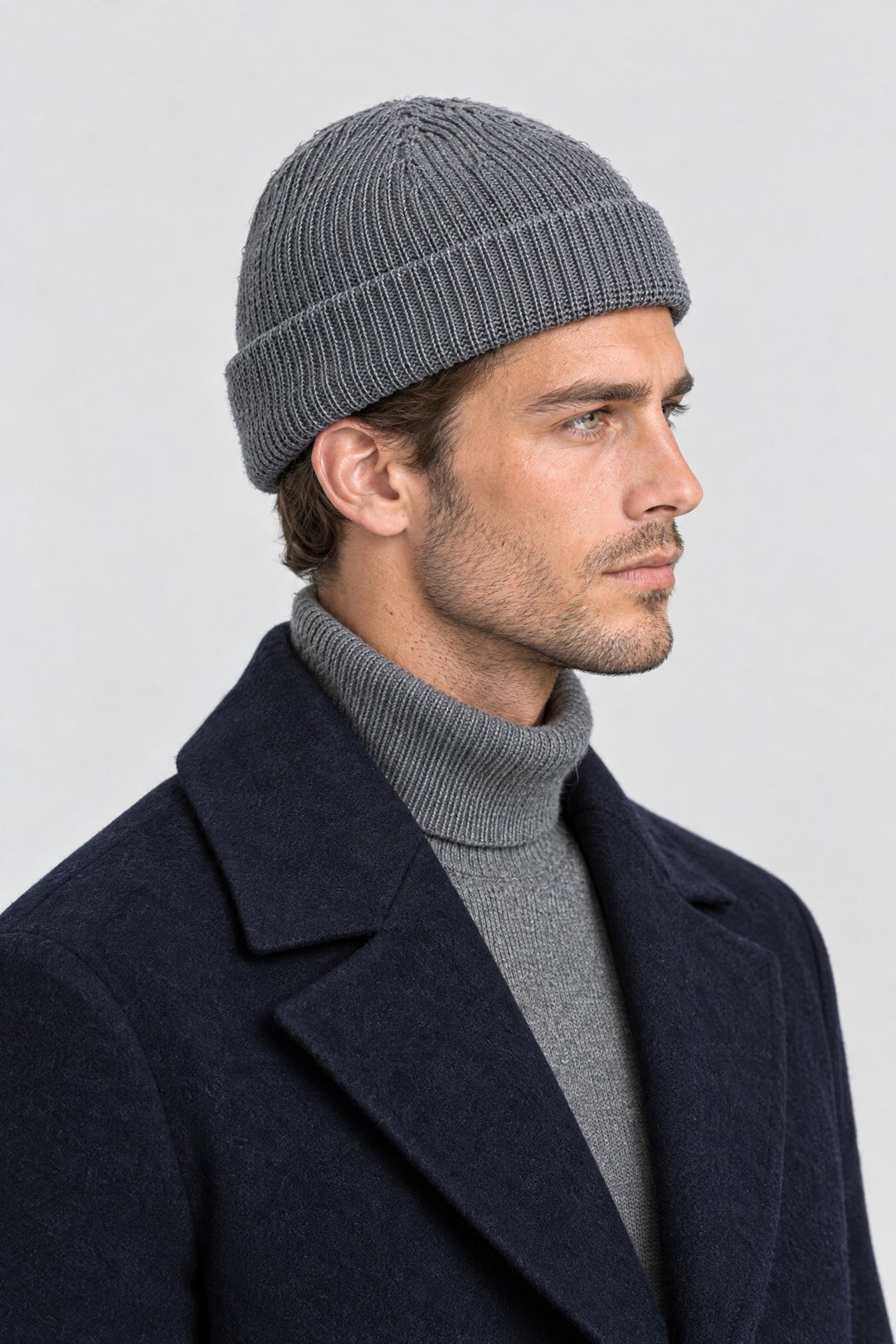 The Ribbed Beanie in Grey, side view