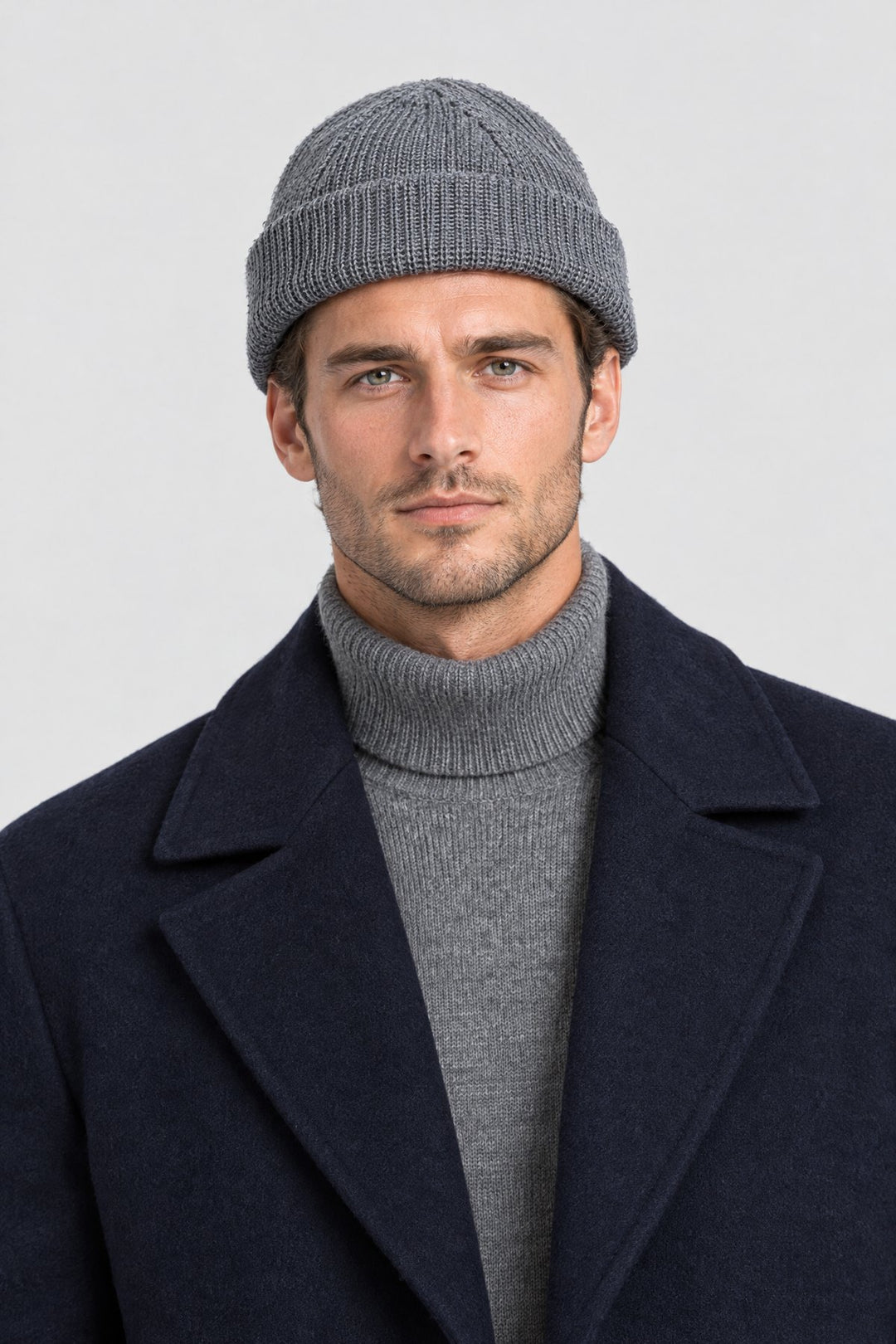 The Ribbed Beanie in Grey, on model