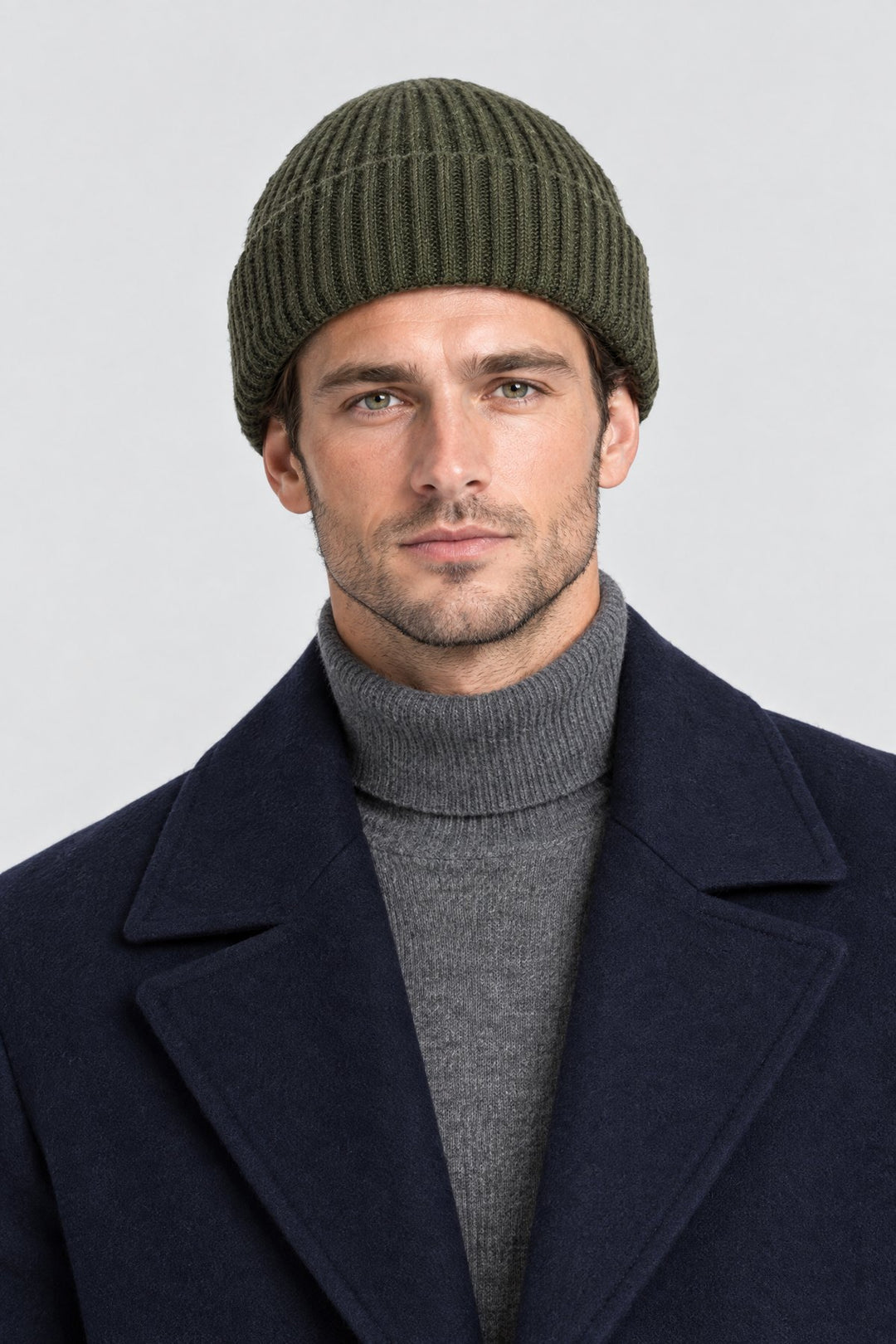 The Ribbed Beanie in Olive, on model