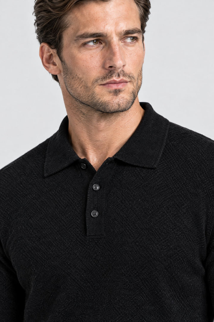 The Richmond Knitted Polo in Black, detail