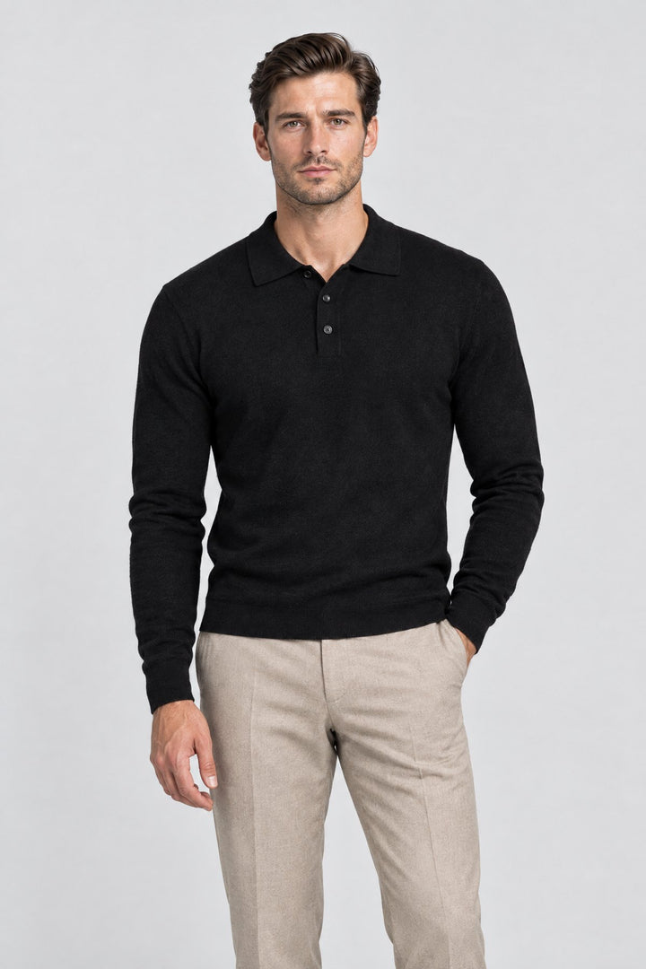 The Richmond Knitted Polo in Black worn by model